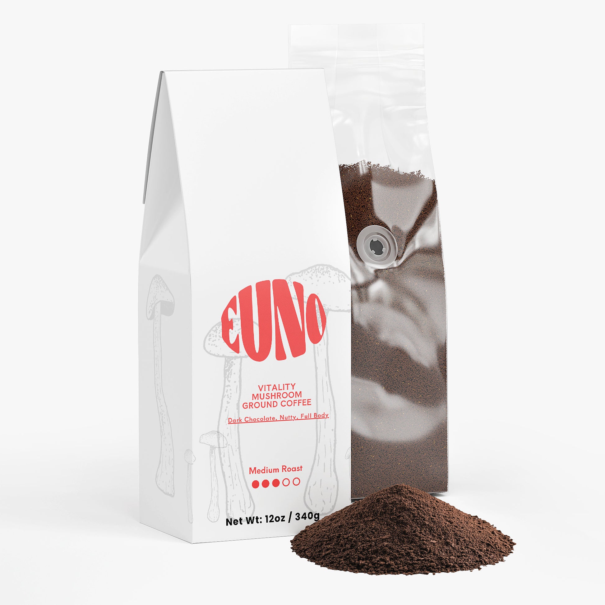 CUNO coffee package with ground coffee on a white background
